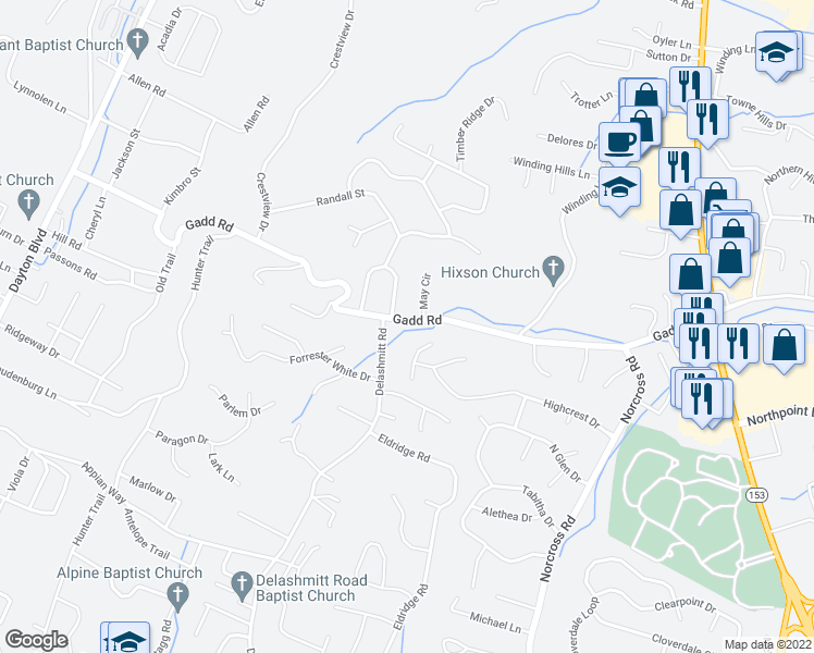 map of restaurants, bars, coffee shops, grocery stores, and more near 604 Gadd Road in Chattanooga