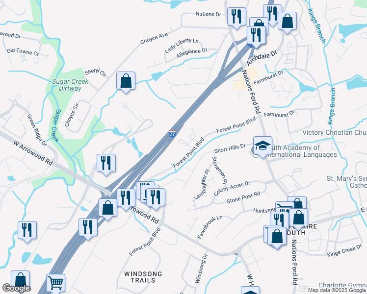 map of restaurants, bars, coffee shops, grocery stores, and more near 7150 Forest Point Boulevard in Charlotte