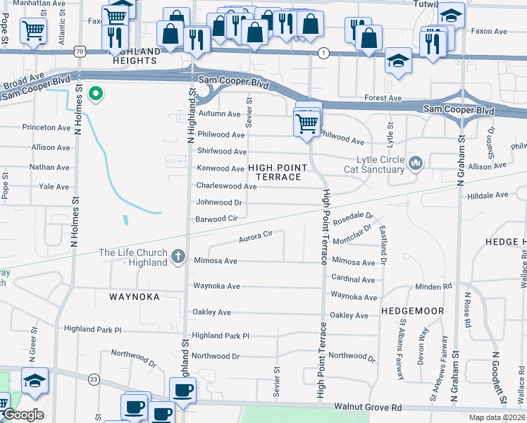 map of restaurants, bars, coffee shops, grocery stores, and more near 3638 Johnwood Drive in Memphis