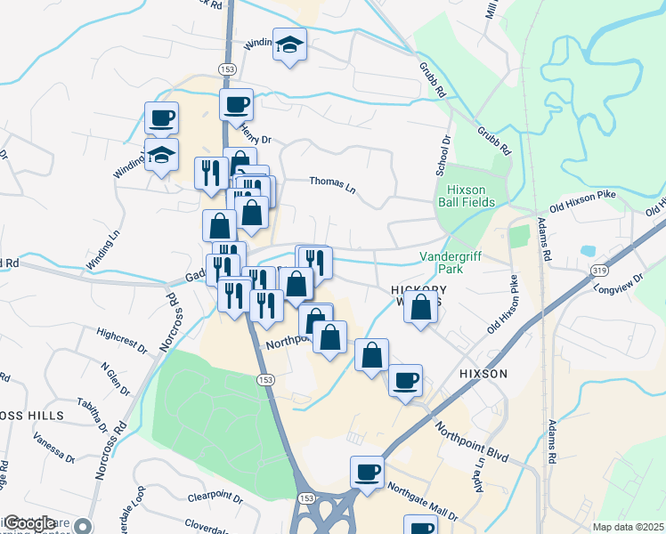 map of restaurants, bars, coffee shops, grocery stores, and more near 1225 Helena Drive in Chattanooga