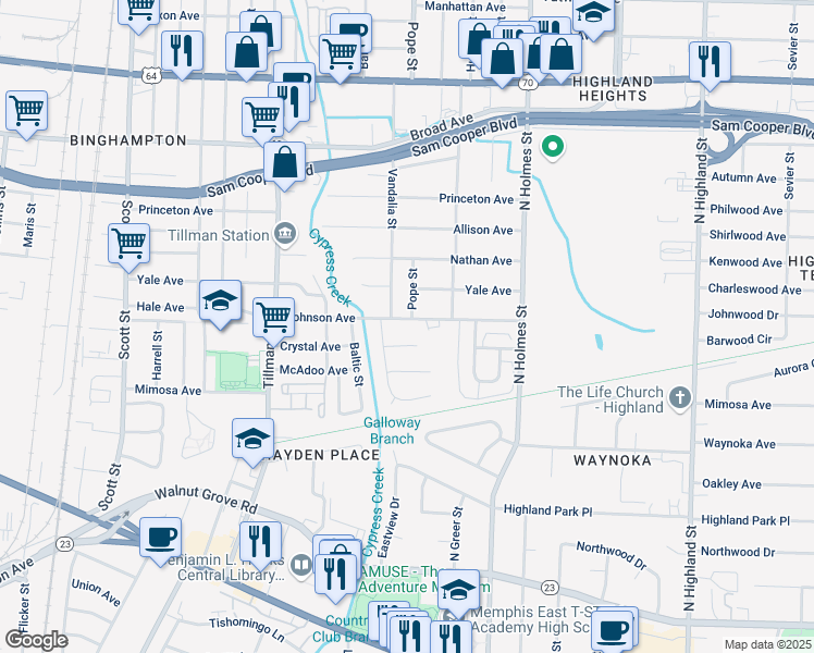 map of restaurants, bars, coffee shops, grocery stores, and more near 356 Vandalia Street in Memphis