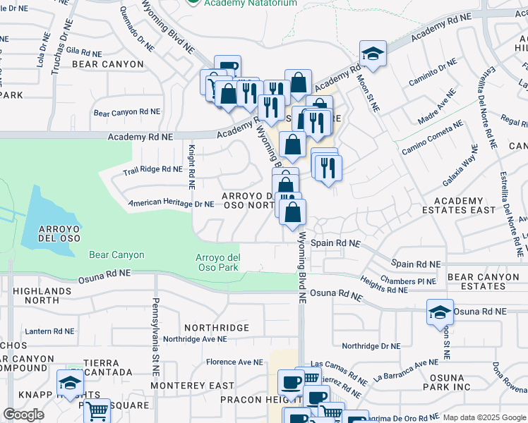 map of restaurants, bars, coffee shops, grocery stores, and more near 7917 American Heritage Drive Northeast in Albuquerque