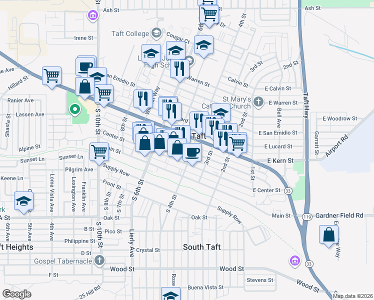 map of restaurants, bars, coffee shops, grocery stores, and more near in Taft