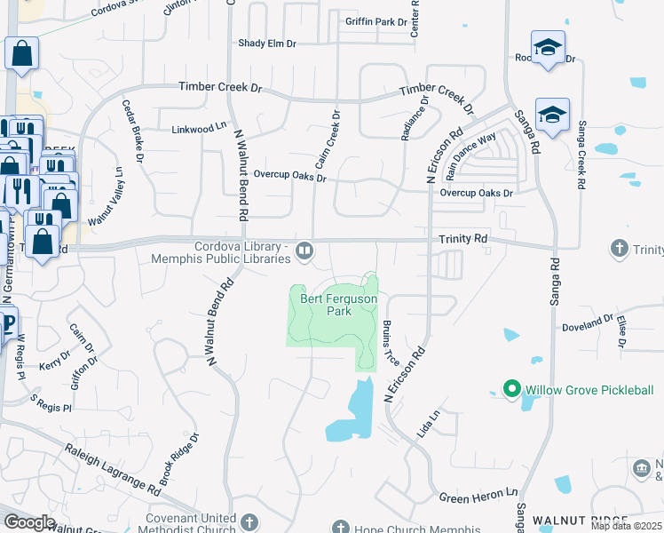 map of restaurants, bars, coffee shops, grocery stores, and more near 8505 Trinity Road in Memphis