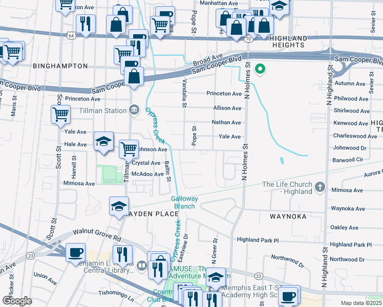 map of restaurants, bars, coffee shops, grocery stores, and more near 356 Vandalia Street in Memphis