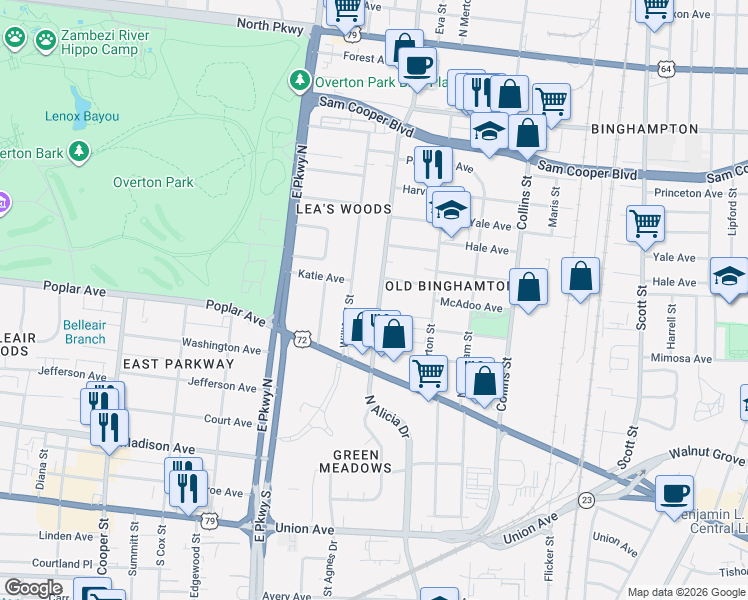 map of restaurants, bars, coffee shops, grocery stores, and more near 233 North Hollywood Street in Memphis