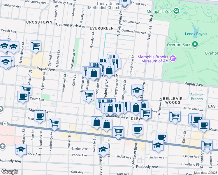 map of restaurants, bars, coffee shops, grocery stores, and more near 154 North Belvedere Boulevard in Memphis