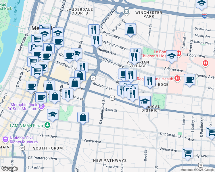map of restaurants, bars, coffee shops, grocery stores, and more near in Memphis