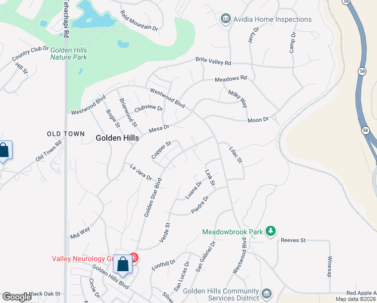 map of restaurants, bars, coffee shops, grocery stores, and more near 22116 Gold Street in Tehachapi