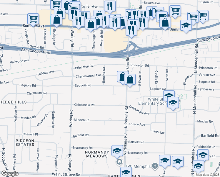 map of restaurants, bars, coffee shops, grocery stores, and more near 4554 Sequoia Avenue in Memphis