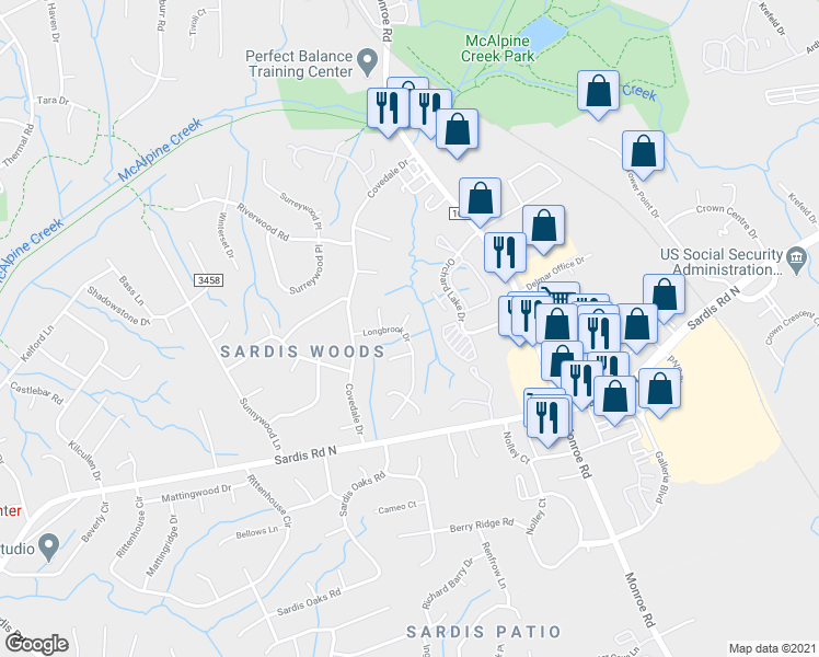 map of restaurants, bars, coffee shops, grocery stores, and more near 9417 Wenlock Circle in Charlotte