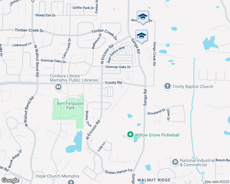 map of restaurants, bars, coffee shops, grocery stores, and more near 602 East Ashley Glen Circle in Memphis