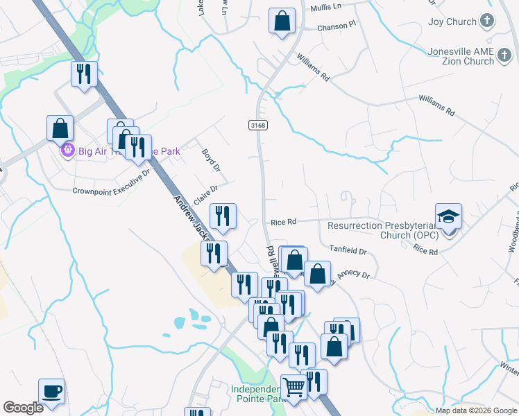 map of restaurants, bars, coffee shops, grocery stores, and more near 1939 Rice Road Extension in Matthews