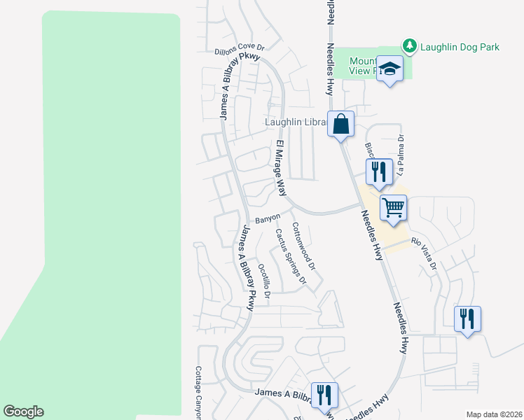 map of restaurants, bars, coffee shops, grocery stores, and more near 2221 Bay Club Drive in Laughlin