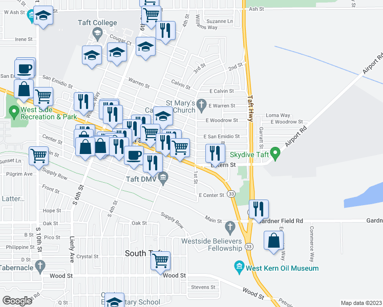 map of restaurants, bars, coffee shops, grocery stores, and more near 105 1/2 Lucard Street in Taft