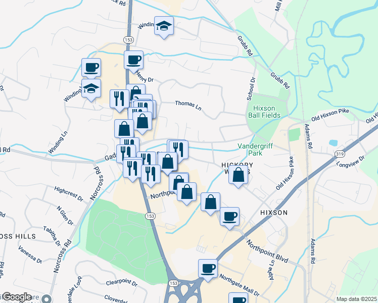 map of restaurants, bars, coffee shops, grocery stores, and more near 1225 Helena Drive in Chattanooga
