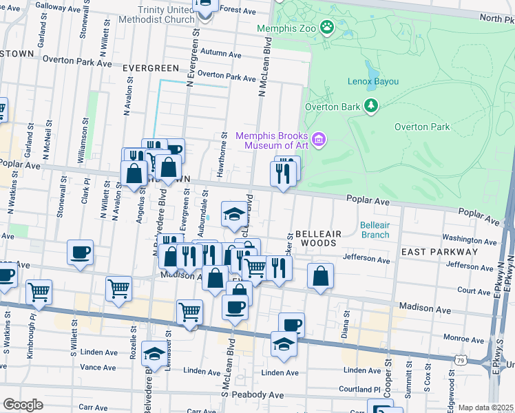 map of restaurants, bars, coffee shops, grocery stores, and more near 152 North McLean Boulevard in Memphis