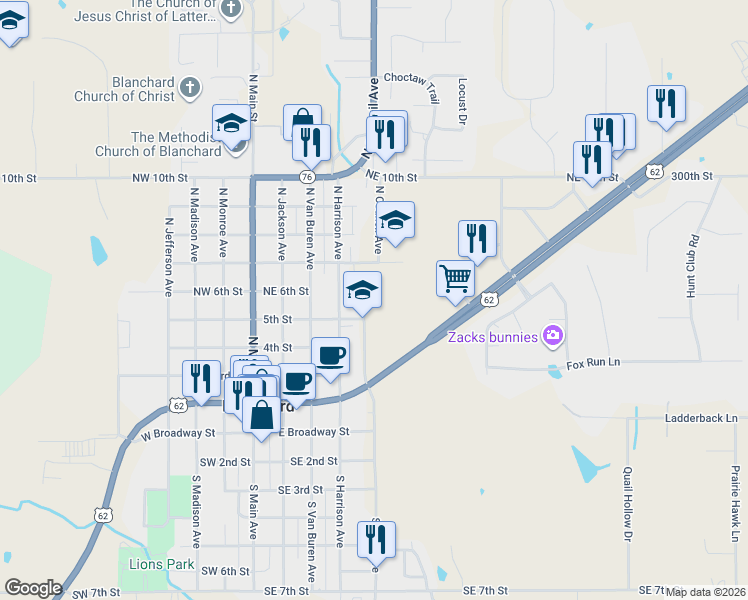 map of restaurants, bars, coffee shops, grocery stores, and more near 610 Northeast 7th Street in Blanchard