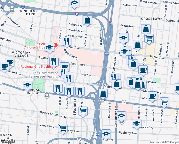 map of restaurants, bars, coffee shops, grocery stores, and more near 1265 Union Avenue in Memphis