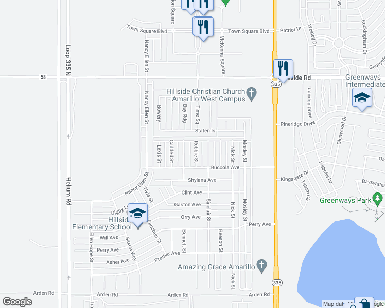 map of restaurants, bars, coffee shops, grocery stores, and more near 6500 Robbie Street in Amarillo