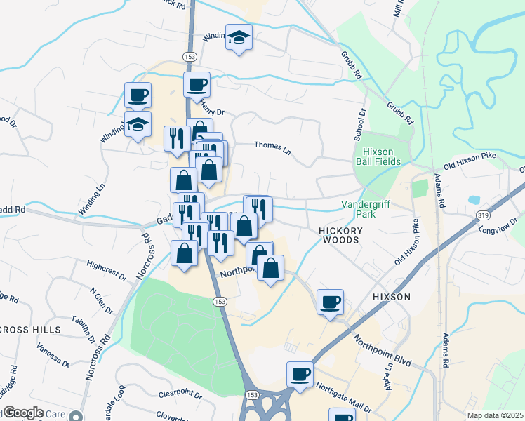 map of restaurants, bars, coffee shops, grocery stores, and more near 1221 Helena Drive in Chattanooga