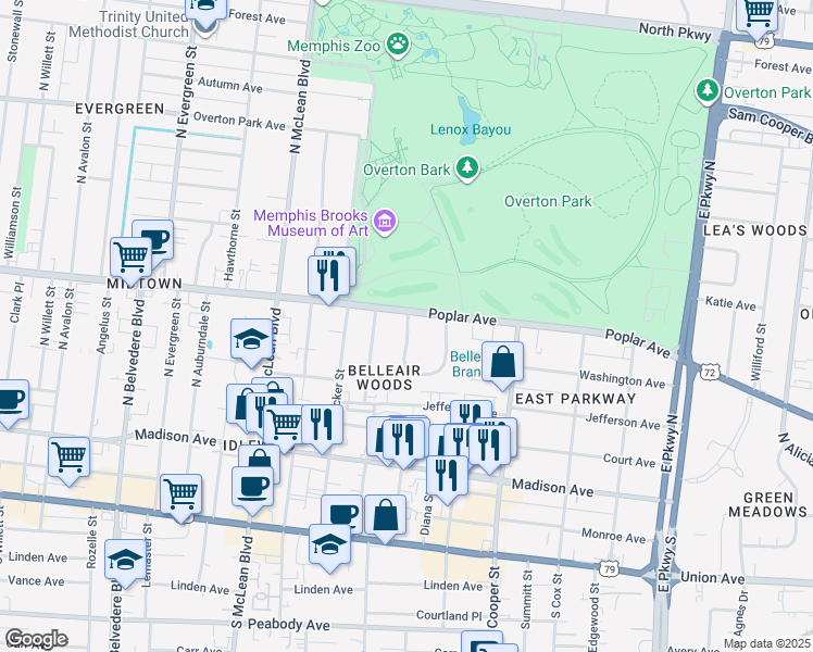 map of restaurants, bars, coffee shops, grocery stores, and more near 1 Belleair Drive in Memphis