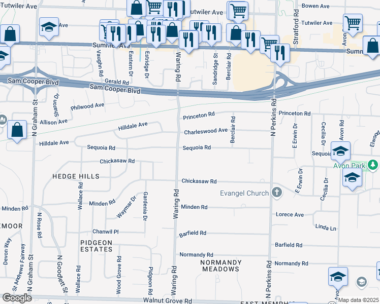map of restaurants, bars, coffee shops, grocery stores, and more near 4426 Sequoia Road in Memphis
