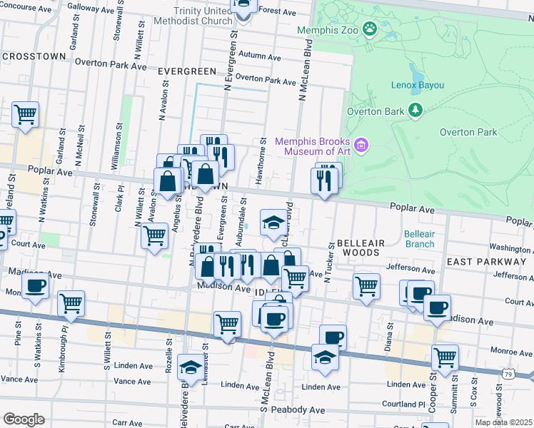map of restaurants, bars, coffee shops, grocery stores, and more near 1811 Poplar Avenue in Memphis