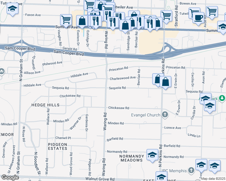 map of restaurants, bars, coffee shops, grocery stores, and more near 4426 Sequoia Road in Memphis