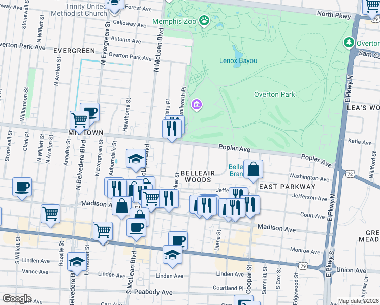 map of restaurants, bars, coffee shops, grocery stores, and more near 1949 Poplar Avenue in Memphis