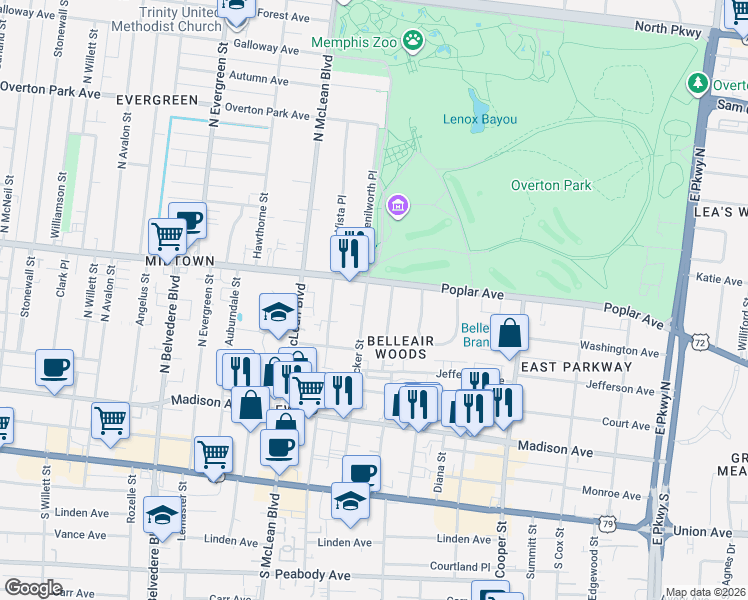 map of restaurants, bars, coffee shops, grocery stores, and more near 1949 Poplar Avenue in Memphis