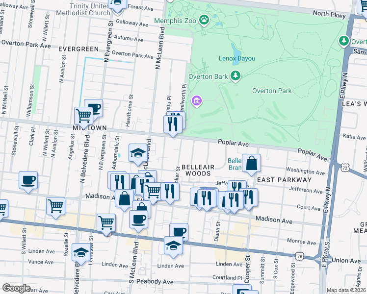 map of restaurants, bars, coffee shops, grocery stores, and more near 1949 Poplar Avenue in Memphis