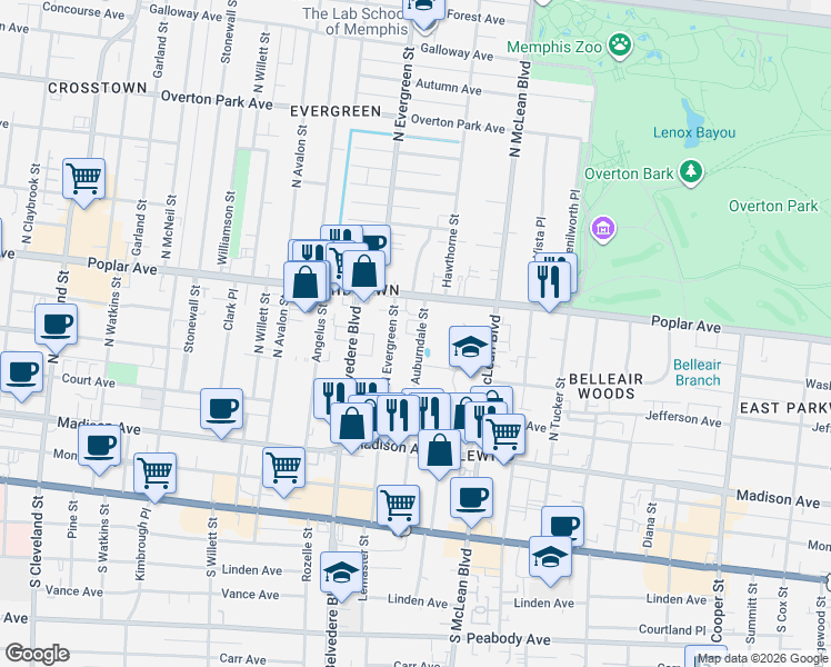map of restaurants, bars, coffee shops, grocery stores, and more near in Memphis