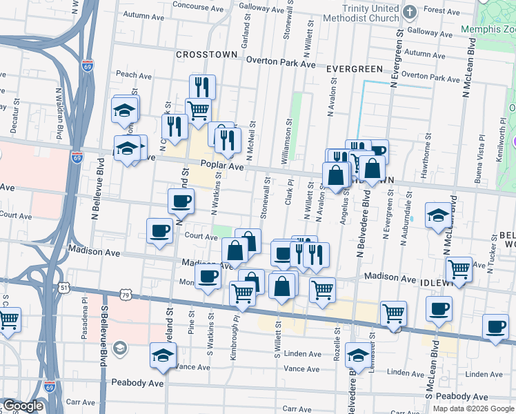 map of restaurants, bars, coffee shops, grocery stores, and more near 128 Stonewall Street in Memphis