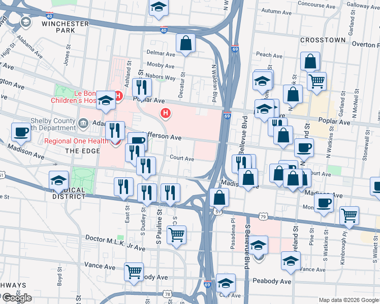 map of restaurants, bars, coffee shops, grocery stores, and more near 57 North Somerville Street in Memphis