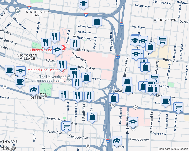 map of restaurants, bars, coffee shops, grocery stores, and more near 1017 Jefferson Avenue in Memphis