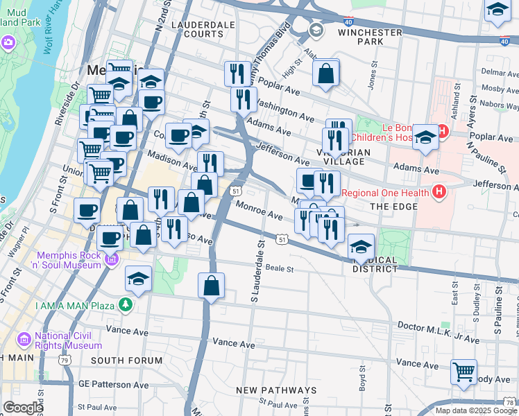 map of restaurants, bars, coffee shops, grocery stores, and more near 400 Monroe Avenue in Memphis