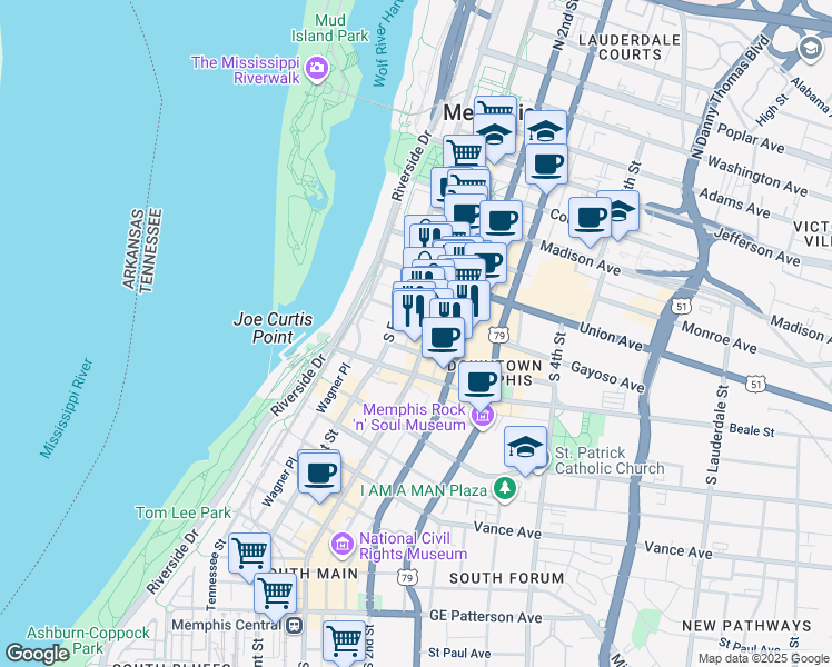 map of restaurants, bars, coffee shops, grocery stores, and more near 100 South Main Street in Memphis