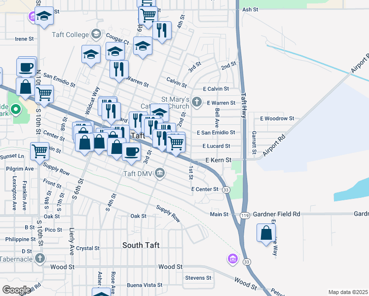 map of restaurants, bars, coffee shops, grocery stores, and more near 113 Lucard Street in Taft