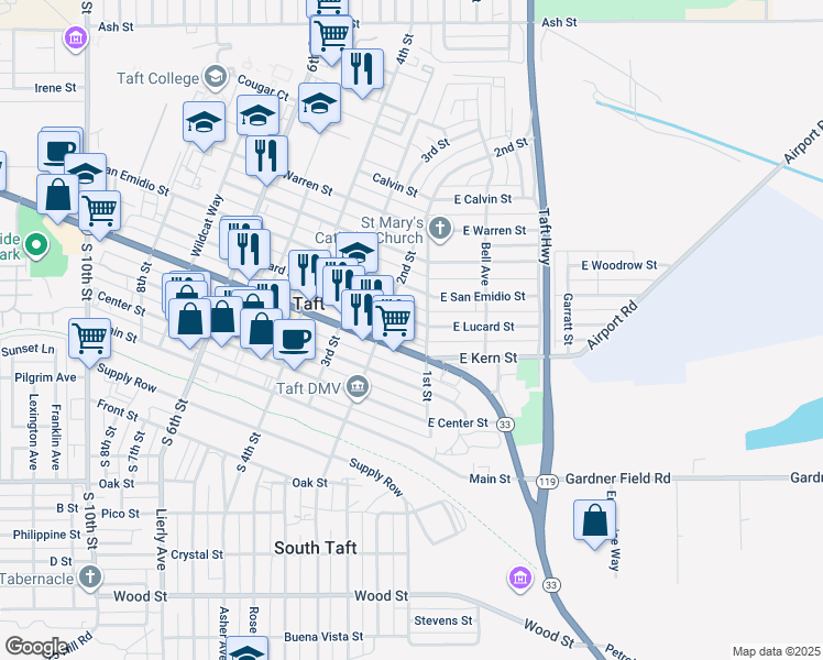 map of restaurants, bars, coffee shops, grocery stores, and more near 113 Lucard Street in Taft