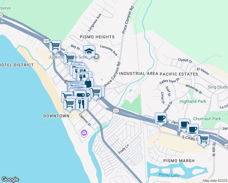 map of restaurants, bars, coffee shops, grocery stores, and more near 464 Stimson Avenue in Pismo Beach