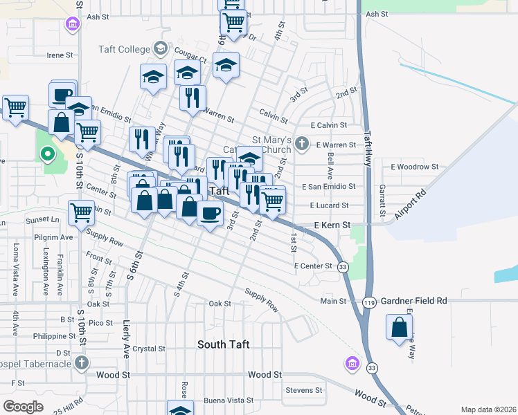map of restaurants, bars, coffee shops, grocery stores, and more near 211 Lucard Street in Taft