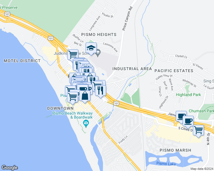 map of restaurants, bars, coffee shops, grocery stores, and more near 545 Bello Street in Pismo Beach
