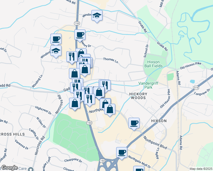 map of restaurants, bars, coffee shops, grocery stores, and more near 1221 Helena Drive in Chattanooga