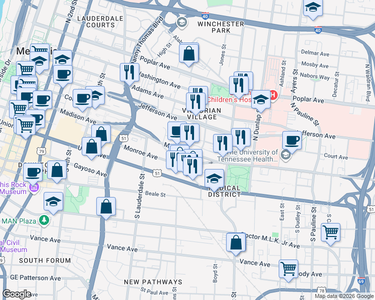 map of restaurants, bars, coffee shops, grocery stores, and more near 656 Madison Avenue in Memphis