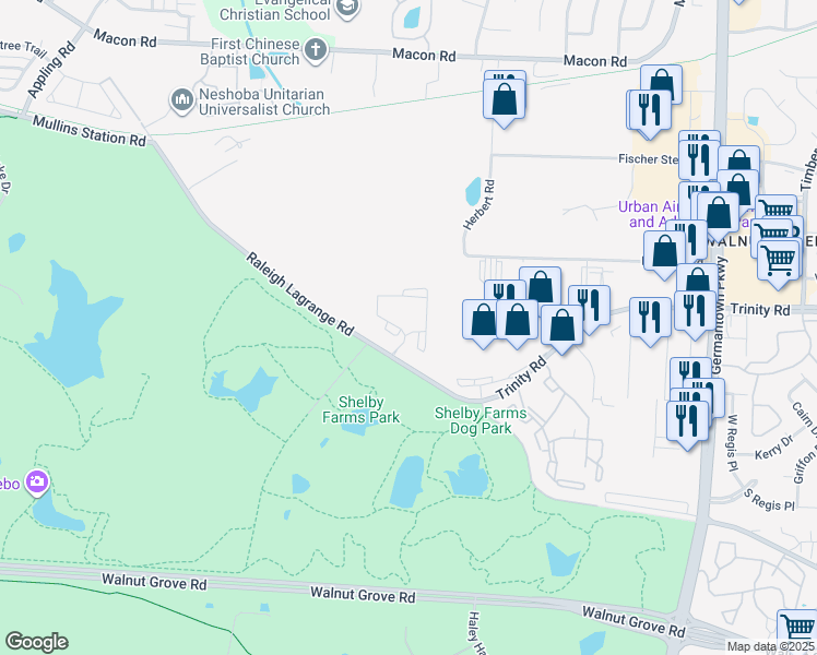 map of restaurants, bars, coffee shops, grocery stores, and more near 7580 Raleigh Lagrange Road in Memphis