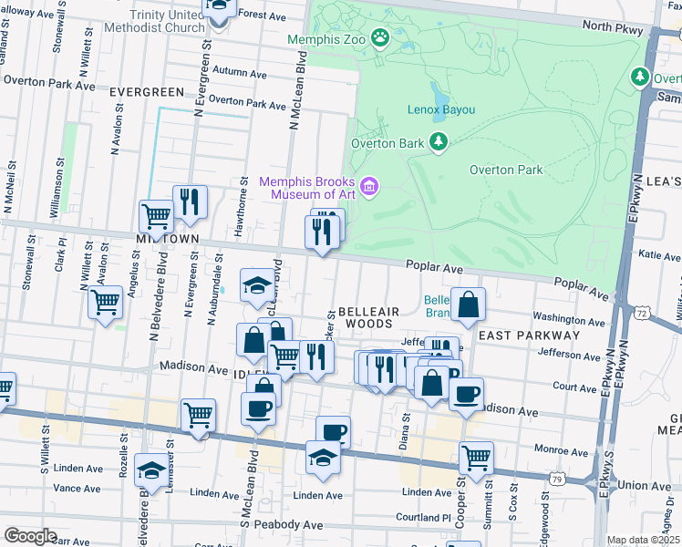 map of restaurants, bars, coffee shops, grocery stores, and more near 1949 Poplar Avenue in Memphis