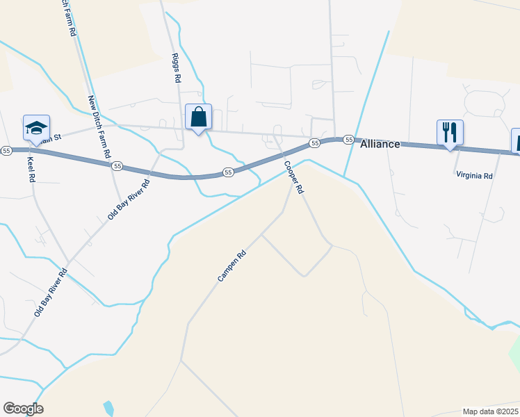 map of restaurants, bars, coffee shops, grocery stores, and more near 186 Campen Road in Bayboro