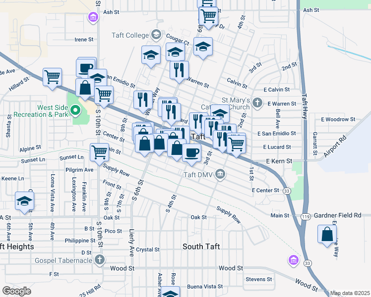 map of restaurants, bars, coffee shops, grocery stores, and more near 400 North Street in Taft