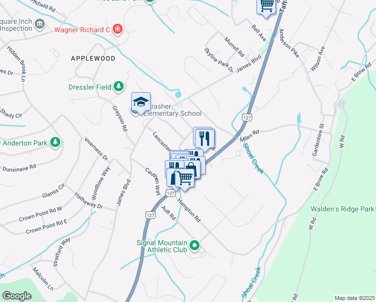 map of restaurants, bars, coffee shops, grocery stores, and more near 1311 Brockton Drive in Signal Mountain